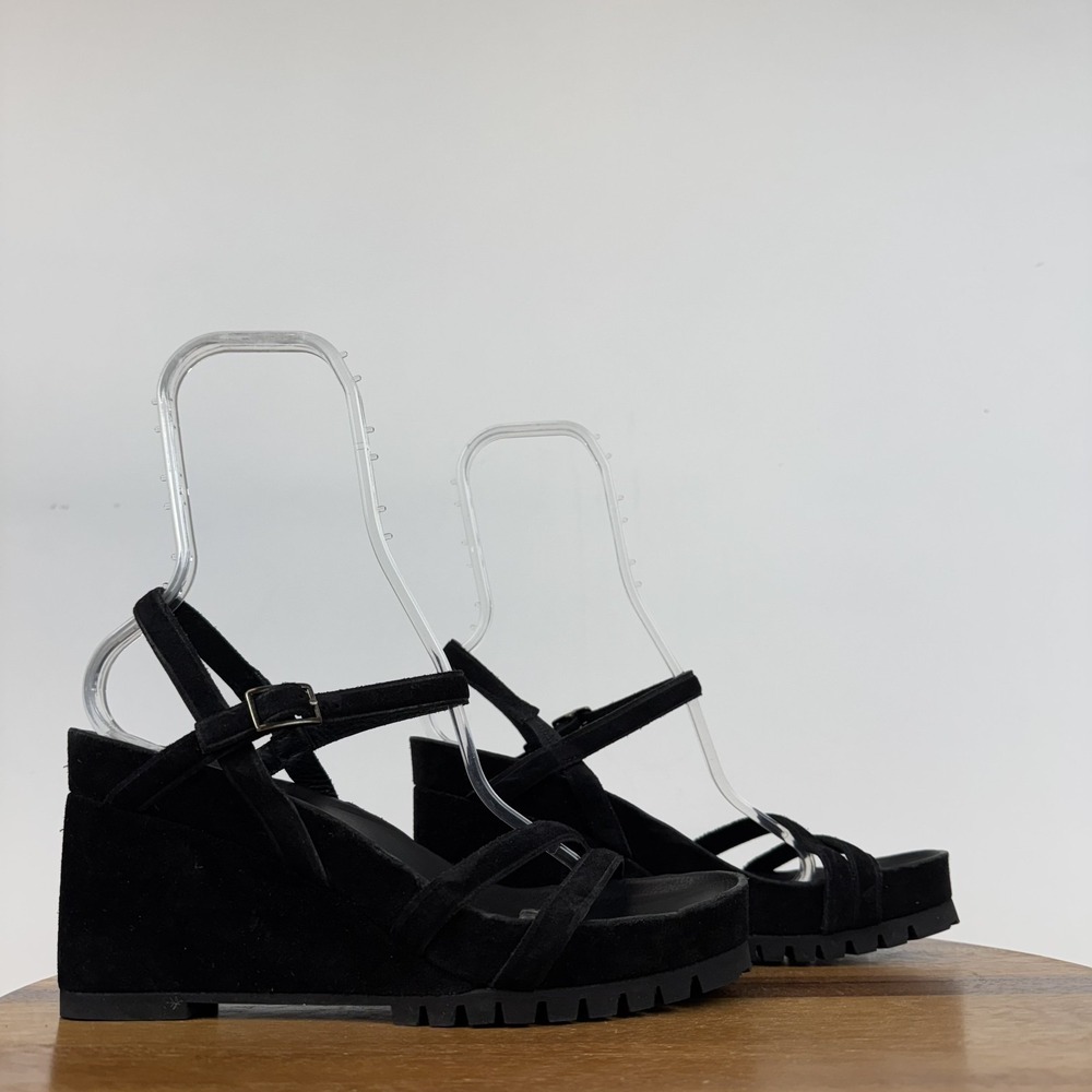 Womens‎ Pedro Garcia Black Leather Ankle Strap Chunky Wedge Sandals Size 41 GUC